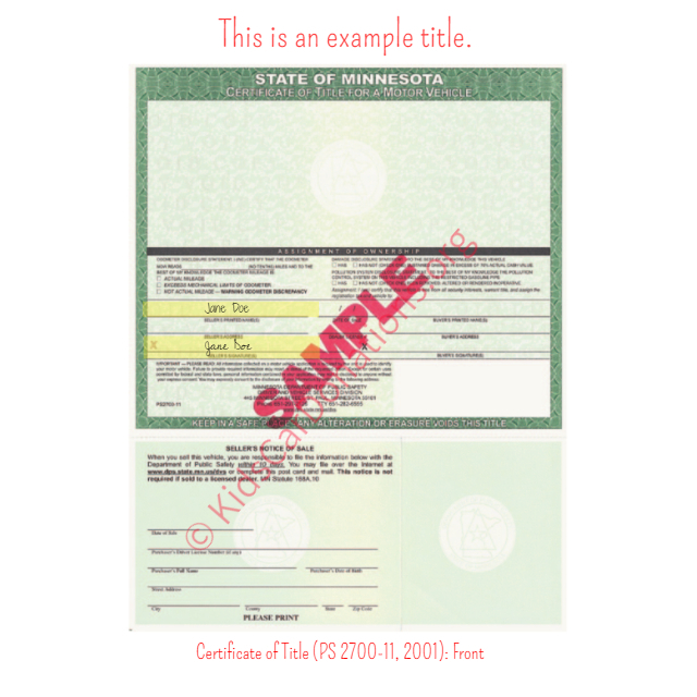 This is an Example of Minnesota Certificate of Title (PS 2700-11, 2001) Front View | Kids Car Donations